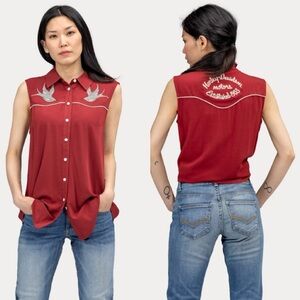NWT Harley Davidson Moto Club Sleeveless Shirt Red Button 96670 Tank Embroidered
